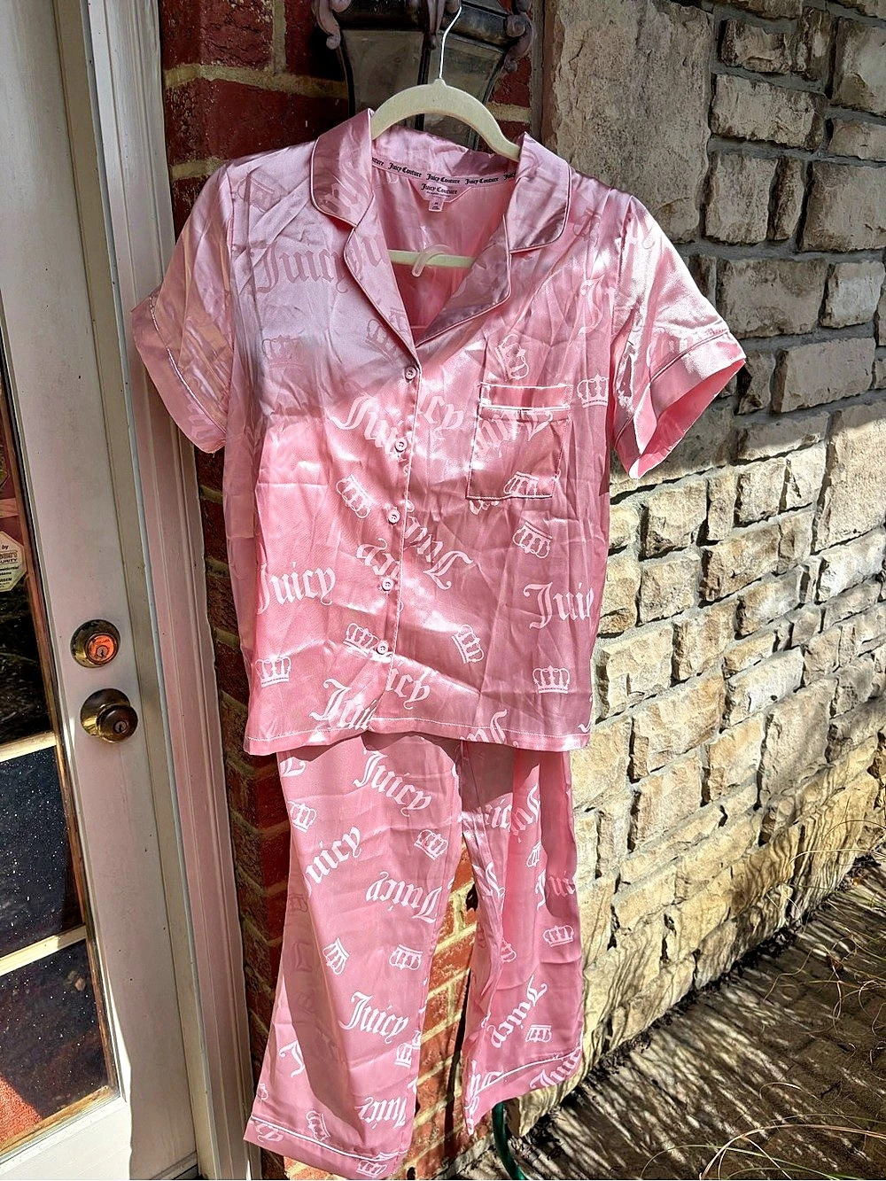 Juicy Couture Satin Short Sleeve Notch Collar PJ Set Pink Medium